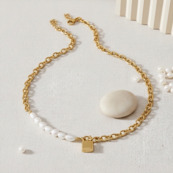 Stunning 18K Gold Plated Freshwater Pearl Necklace with Padlock Charm 🔒 ✨ - Picture 5 of 12